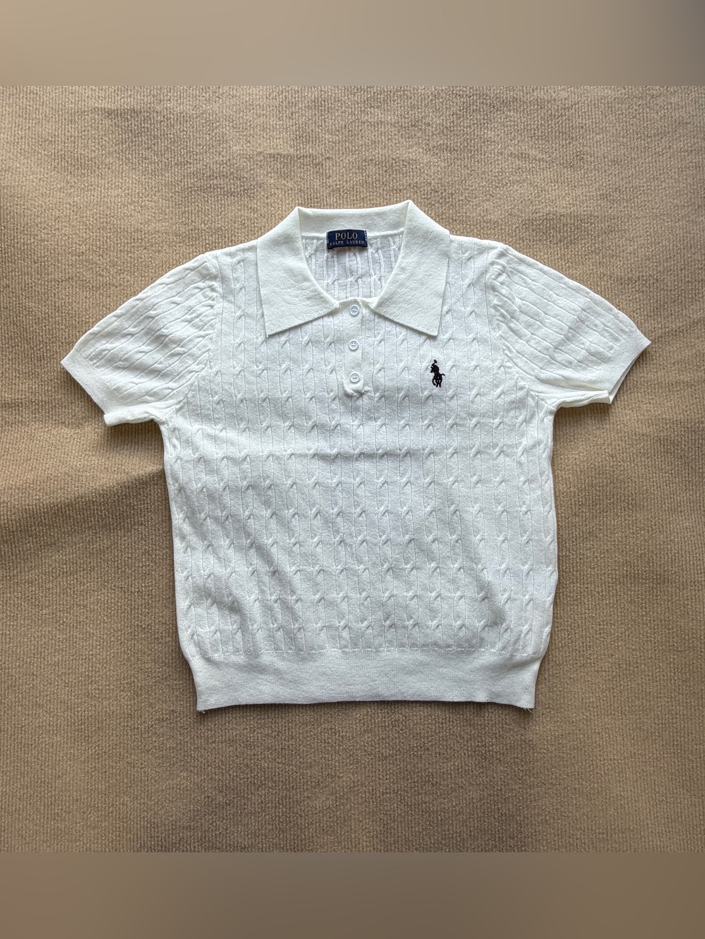 Polo by Ralph Lauren White Short Sleeve Cable Polo with Navy Pony